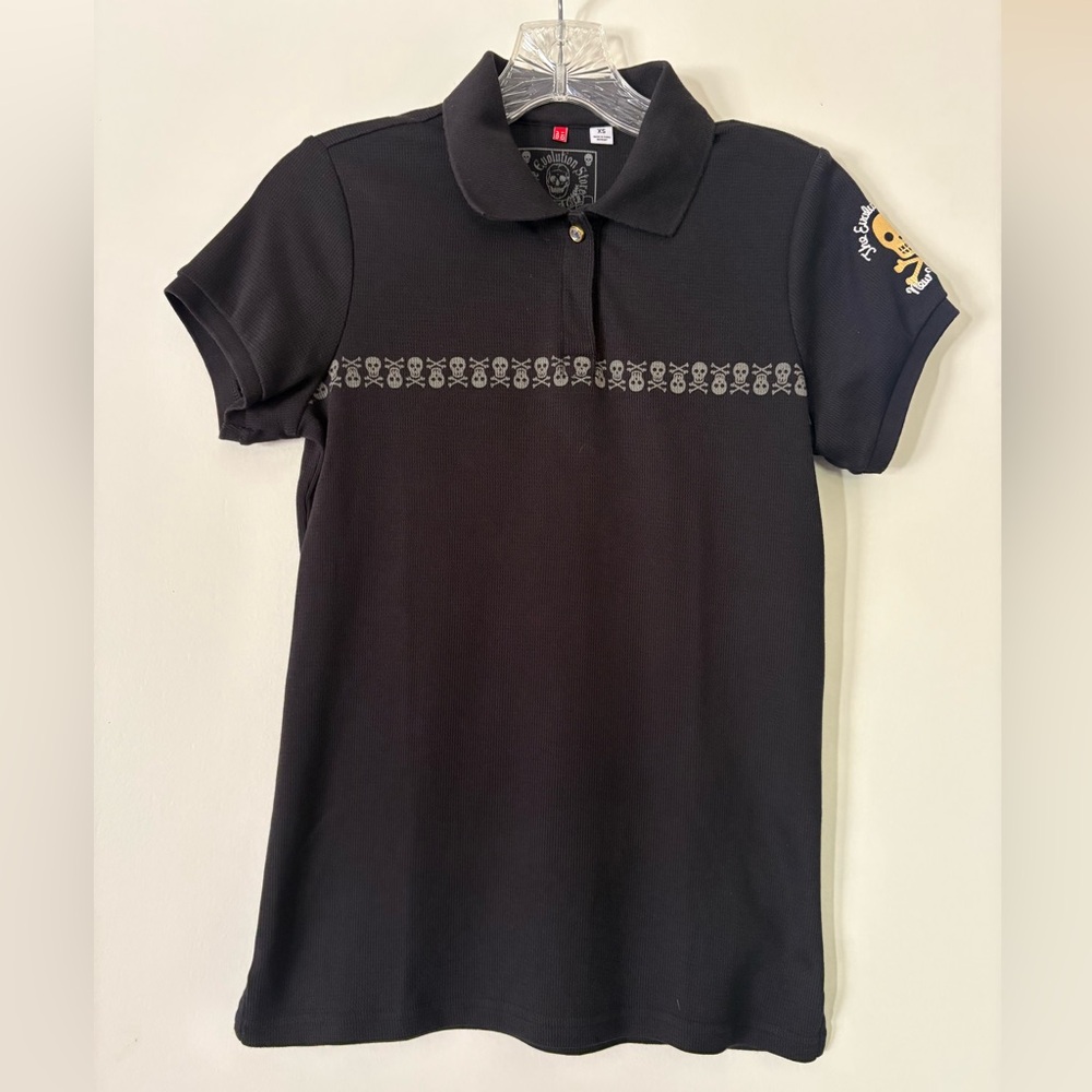 Uniqlo Skull Print Polo Shirt XS Women Black Evolution Store NYC Archive Rare